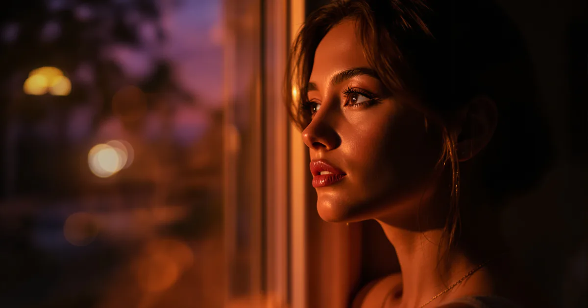 A woman by a window at dusk looking away thoughtfully, as if recalling a shared memory