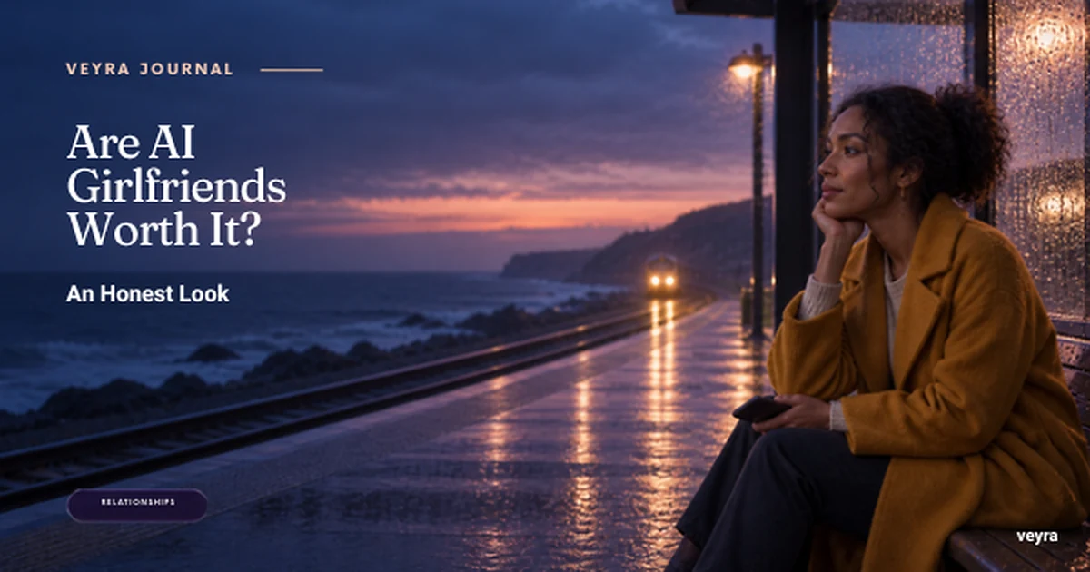 A thoughtful woman in a mustard coat waiting beside a rain-swept coastal railway at dusk, with the article title displayed on the left.