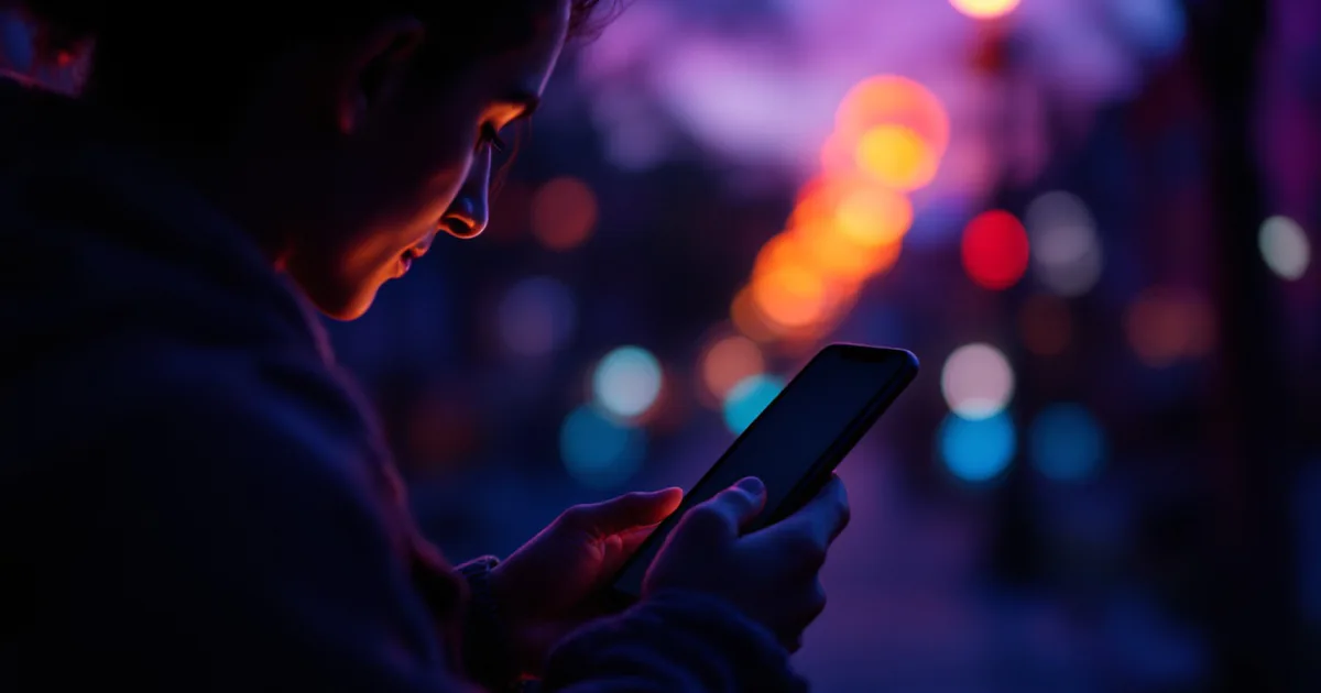 A person at dusk comparing AI companion apps on a phone, lit in warm violet and amber