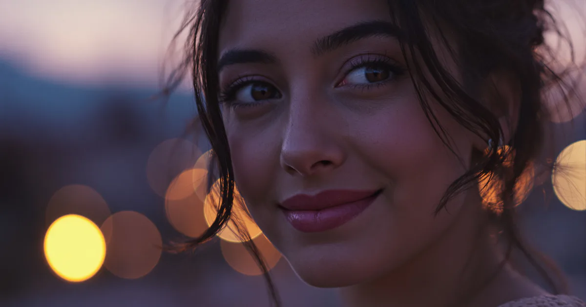 A softly lit portrait of a young woman smiling gently toward the camera at dusk